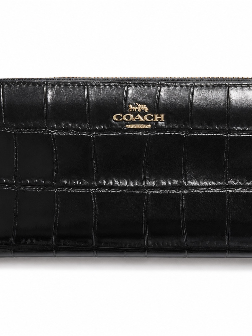 NWT Coach Black Croc-Embossed Leather Zip Wallet with Gold hardware retail $278